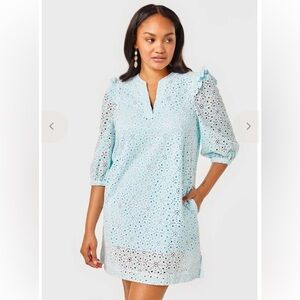 Cartolina Nantucket Light Blue Eyelet Midi Dress with Puff Sleeves NWT size M